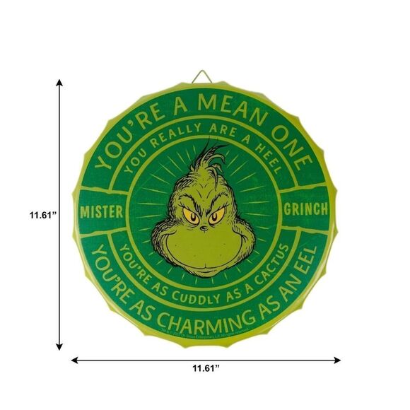 Dr. Seuss' GRINCH Who Stole Christmas Round Metal Bottle Cap Sign Decor 11.6"NEW - Picture 2 of 7